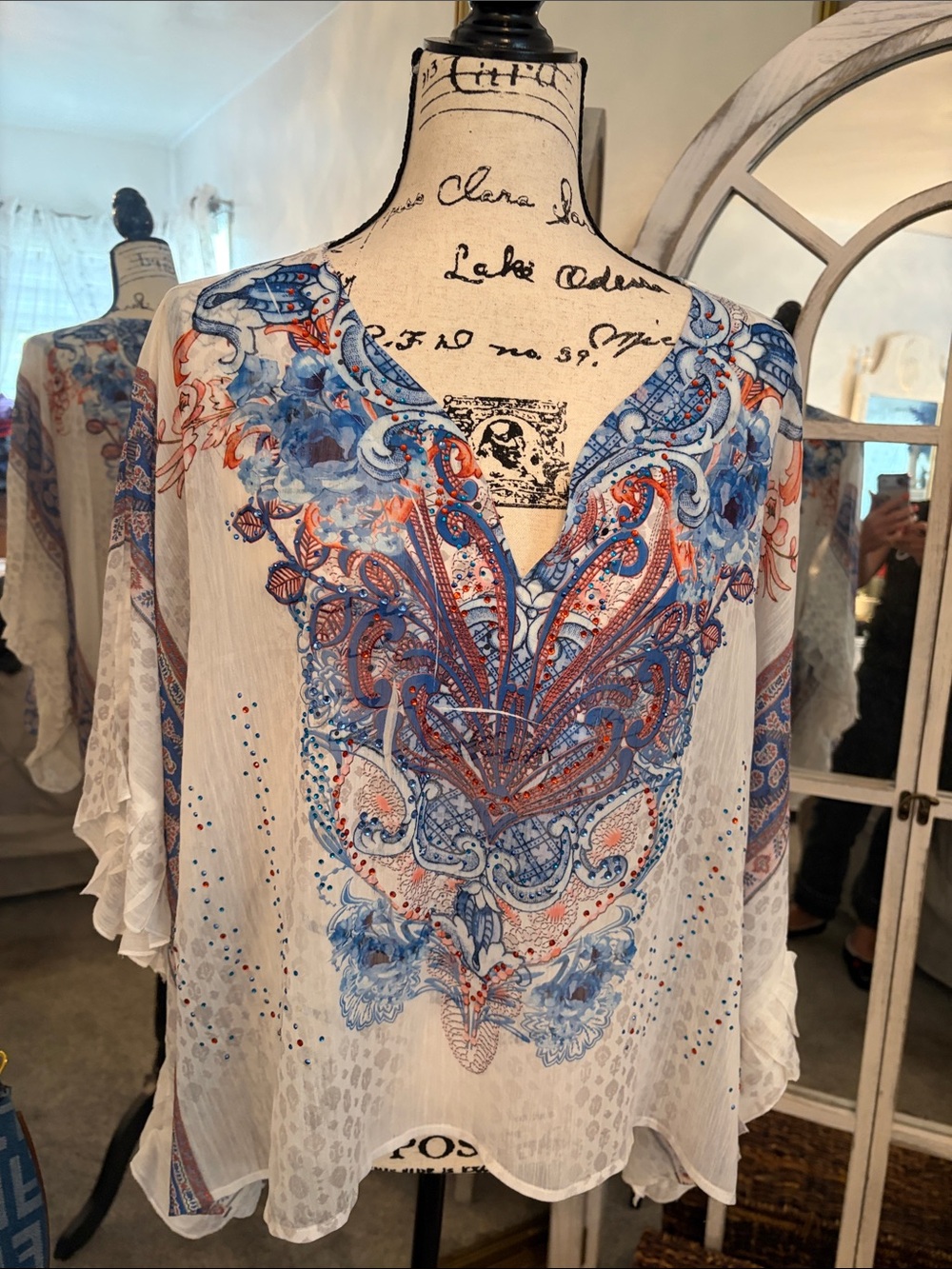 Style & Co. White Boho Tunic with Blue & Coral Paisley Print